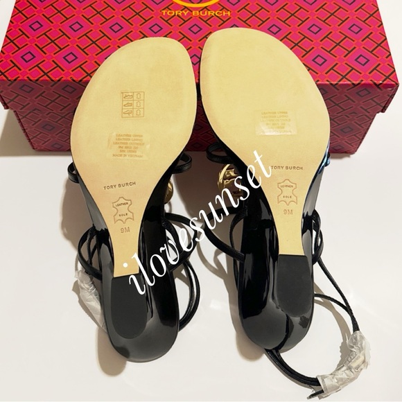 {Tory Burch} Capri Miller Wedge 85mm Sandals - Goat Leather - Black ~ Gold Logo - Picture 5 of 6
